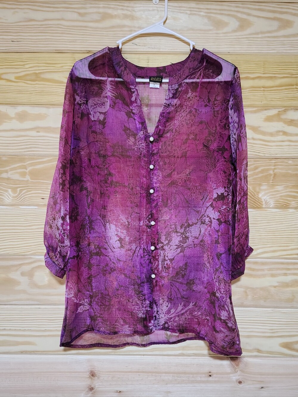 Women's Floral Sheer Tunic Top M Button Front Long Sleeve Purple Pink Whimsigoth